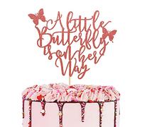 Arthsdite A Little Butterfly Is On Her Way Cake Topper - Pregnancy Announcement, Gender Reveal, Baby Shower, Newborn Welcome, Butterfly Themed Party Decorations - Rose Gold Glitter