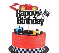 Arthsdite Car Cake Topper Race Car Cake Decorations for Racing Car Checkered Flag-Black Glitter Race Car Cake Topper Happy Birthday Theme Cake Decor