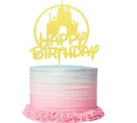 Arthsdite Castle Cake Topper, Castle Theme Party Decoration, Princess Prince Happy Birthday Decoration - Gold Glitter