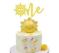 Arthsdite First Birthday Cake Topper - You Are My Sunshine Cake Decor Sun Smile Face Sunflower Themed 1st Birthday Baby Shower Party Supplies Decorations - Gold Glitter