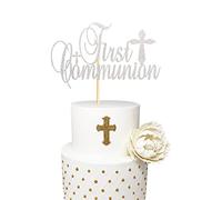 Arthsdite First Communion Cake Topper - First Communion Cake Bunting for Kids, God Bless Cross Religious Cake Picks Baby Shower, Kids Birthday, Baptism Christening Party Decorations - Silver Glitter