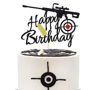 Arthsdite Gun Happy Birthday Cake Topper - Bullet Target Decoration, Gun Shooting Theme Party Supplies - Black Glitter