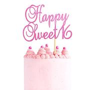 Arthsdite Happy Sweet 16 Cake Topper 16th Birthday Cake Picks Sweet Sixteen Decorations 16th Birthday Decorations - Pink Glitter