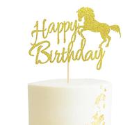 Arthsdite Horse Happy Birthday Cake Topper, Horse Racing Theme Birthday Party Decoration for Boys Girls Men Women, Kids Birthday Party Decoration Supplies-Gold Glitter