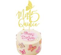 Arthsdite Mis Quince Cake Topper, Mis Quince Años Decorations, 15th Birthday Decorations with Butterfly, Feliz 15 Anos, Cheers to 15 Years Birthday Party Supply - Gold Glitter