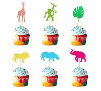 Arthsdite Pack of 48 Glitter Pre-Assembled Colorful Safari Animal Cupcake Toppers Leaf Jungle Animals Cake Decorations for Safari Party Baby Showers Kids Birthday Party Supply