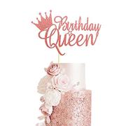 Arthsdite Queen Birthday Cake Topper Happy Birthday Cake Bunting Decor, Party Decoration Supplies for Lady Girl Women - Rose Gold Glitter