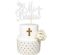Arthsdite Spanish Mi Bautizo Cake Topper with Glitter Cross Religious God Bless Cake Toppers Picks Holy First Communion Baptism Theme Baby Shower 1st Birthday Party Decorations - Silver Glitter