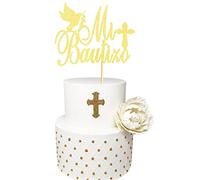 Arthsdite Spanish Mi Bautizo Cake Topper with Glitter Cross Religious God Bless Cake Toppers Picks Holy First Communion Baptism Theme Baby Shower 1st Birthday Party Decorations - Gold Glitter