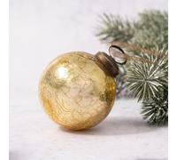 Arthur Cameron - 2" Handcrafted Crackle Glass Tree Decorations (Approx 6cm) - Mouthblown Glass Christmas Balls - Small Xmas Baubles with Bronze Caps & Organza Ties (Gold)
