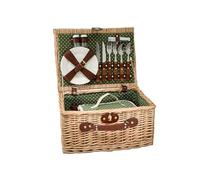 Arthur Cameron - Deluxe Handcrafted Wicker Picnic Basket for 2 People - Complete with Matching Removable Cooler Bag and Serveware - 2 Person Small Picnic Basket with Handle (Green Polka Dot)