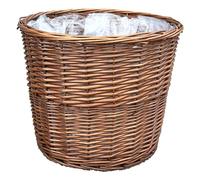 Arthur Cameron - Medium Distilled Brown Round Wicker Planter | Handcrafted round wicker planter with clear plastic liner, ideal for plants, storage or as a waste paper basket.