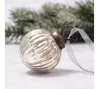 Arthur Cameron - Small Ribbed Glass Bauble - 5cm Hand-Blown Mini Christmas Tree Decoration - Elegant Xmas Baubles & Small Christmas Baubles with Bronze Cap & Organza Ribbon (Silver)
