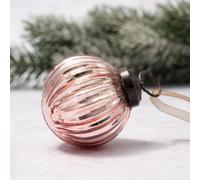 Arthur Cameron - Small Ribbed Glass Bauble - 5cm Hand-Blown Mini Christmas Tree Decoration - Elegant Xmas Baubles & Small Christmas Baubles with Bronze Cap & Organza Ribbon (Rose)