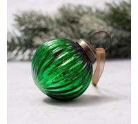 Arthur Cameron - Small Ribbed Glass Bauble - 5cm Hand-Blown Mini Christmas Tree Decoration - Elegant Xmas Baubles & Small Christmas Baubles with Bronze Cap & Organza Ribbon (Emerald)
