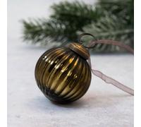 Arthur Cameron - Small Ribbed Glass Bauble - 5cm Hand-Blown Mini Christmas Tree Decoration - Elegant Xmas Baubles & Small Christmas Baubles with Bronze Cap & Organza Ribbon (Olive)