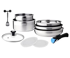 Arthur Martin AM0025 10-Piece Stainless Steel Removable Cookware Set with Pouring Spout Removable Handle Suitable for All Heat Sources Including Induction