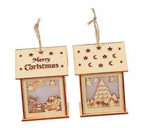 ARTIBETTER 2pcs Luminous Wooden Christmas House Pendants DIY Craft for Eco Friendly Wood Tree Decor with Reindeer Snowman Safe Holiday Decoration