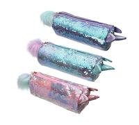 Artibetter 3Pc Sequin Pencil Case Transparent Cartoon Storage Organizer for Glitter Cosmetic Pouch in Pink Green Purple for School Office and Stationery Storage