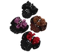 ARTIBETTER 4pcs Rhinestone Velvet Bowknot Hair Clips for Nurses, Ribbon Bow Barrette Mesh Bun Cover, Professional Hair Accessories for Women in Purple, Black, Coffee and Red