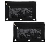 ARTIBETTER Double-Layer Oxford Cloth Pencil Case B5 Size with Mesh Window, 2Pcs Black Three-Hole Organiser Pouches for School and Office Stationery