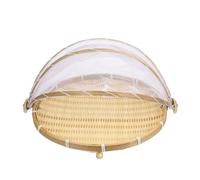 Artibetter Handmade Bamboo Woven Bread Tray with Dustproof Gauze Cover Portable Small Round Storage Basket Reusable Pastoral Style Serving Basket for Indoor Outdoor Use