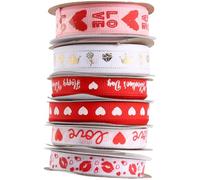 Artibetter Valentine's Day Wrapping Ribbon Set 6 Rolls Satin Packing Ribbon Heart Pattern Love Designs for Party Favors Cake Flowers Wedding Festival Decoration