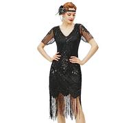 ArtiDeco 1920s Flapper Fringed Sequin Dress Roaring 20s Fancy Dress Gatsby Costume Dress V Neck Vintage Beaded Evening Dress, L /UK 16/EU 44, Black