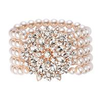 ArtiDeco 1920s Flapper Jewellry Faux Pearls Bracelet Gatsby Costume 20s Flapper Accesories Elastic Pearl Bracelet with Cristal Decoration (Rose Gold 4)