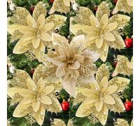 Artifical Glitter Christmas Floral Silk Fake Flower with Clips,Gold | 5PCS Artificial Glitter Christmas Flowers with Clips for Xmas Tree Ornament Fake Flower Floral New Year Party Home Decor
