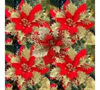 Artifical Glitter Christmas Floral Silk Fake Flower with Clips,red&Gold | 5PCS Artificial Glitter Christmas Flowers with Clips for Xmas Tree Ornament Fake Flower Floral New Year Party Home Decor