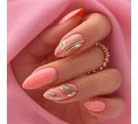 Artificial Almond Nail Set with Glitter Accents - 24 Pcs Pink Ombre Press on Nails for Women, Glossy Short Fake with Ripple Wave Design for Daily Wear, Parties, Events, Manicure Ready