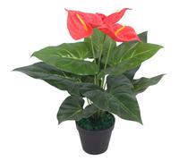 Artificial Anthurium 45cm Red Yellow Plastic Leaves Iron Wire Pot with 3 Flowers