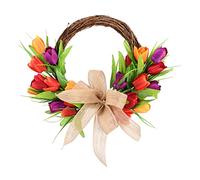 Artificial Assorted Tulip Wreath 40 CM Silk Tulip Wreath Half Coverage Spring Summer Wreath Welcome Wreath for Front Door with Green Leaves & Burlap Bow, 40 cm/15.7 inch