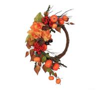 Artificial Autumn Wreath 24in Orange Plastic Pumpkins Maple Leaves Vine | Fade Resistant Material Sturdy Rattan Base Indoor Sheltered Outdoor Display Thanksgiving Wedding Parties 24in Diameter