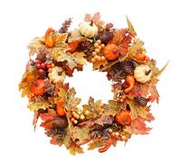 Artificial Autumn Wreath Decorations Front Door with Maple Leaf,Harvest Front Door Wreath with Pumpkin Acorn Berries,Halloween Wreath Outdoor Ornaments for Home Bedroom Wall Party and Thanksgiving