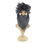 Artificial Beard And Curly Wig Set Grey Halloween Fake Hair Mustache Mask Halloween Christmas Parties Masquerrade Pirate Primitive Man Cosplay Costume Dressing Up Accessories for Drama Stage Show