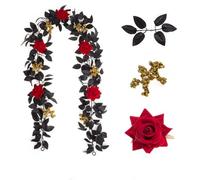Artificial Black Rose Vine Garland (1.75m) - Dark Red Flowers & Gold Berries - Halloween & Gothic Floral Garland for Wall, Mirror, Wedding, Table Decor (Style B52)