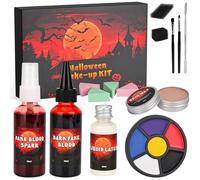 Artificial Blood Halloween, Halloween Make-Up with 60 ml Artificial Fresh Blood, 60 ml Dark Red Artificial Blood, Liquid Latex, Scar Wax Makeup Brush, Makeup Palette, Sponge, for Zombie Vampire
