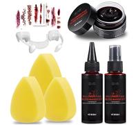 Artificial Blood Halloween Set of 12 Clotted Blood Plasma + Artificial Blood Spray + Vampire Teeth + Halloween Wound Plasters and Sponge for Skin Clothing, Vampire, Zombie, Undead
