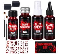 Artificial Blood Set, Realistic Artificial Blood for Skin, Halloween Blood, Washable, 105 ml Fake Blood with 2 Sponges, 2 Brushes and 10 Scar Tattoos for Scary Makeup, Cosplay and Horror Films