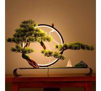 Artificial Bonsai Tree,Tree With Lamp Ring, Zen Welcome Pine Faux Potted, For Home Office Desk Bedroom,With Backflow Incense, Realistic Simulation Bonsai Green Plant
