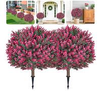 Artificial Boxwood Topiary Ball with Flower Set of 2 25.5 Inch Hot Pink UV Resistant Artificial Shrub Bushes with Ground Spike Fake Evergreen Tree Artificial Plants for Indoor Outdoor Planters