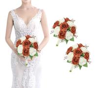 Artificial Bridesmaid Bouquets Set of 2 - Wedding Bouquet Burnt Orange Rose White Babys Breath 7 Inch Flower Bride Bouquet for Wedding Bridal Shower Centerpiece Ceremony Anniversary Decorations