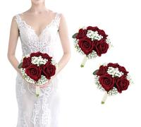 Artificial Bridesmaid Bouquets Set of 2 - Wedding Bouquet Silk Burgundy Rose White Babys Breath 7 Inch Flower Bride Bouquet for Wedding Bridal Shower Centerpiece Ceremony Anniversary Decorations