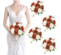 Artificial Bridesmaid Bouquets Set of 4 - Wedding Bouquet Burnt Orange Rose White Babys Breath 7 Inch Flower Bride Bouquet for Wedding Bridal Shower Centerpiece Ceremony Anniversary Decorations