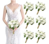 Artificial Bridesmaid Bouquets Set of 6 for Wedding - 7 inch White Flowers Bouquets for Bridesmaids, Faux Rose Gypsophila Rustic Small Floral Bouquet Fake Boho Wedding Party Ceremony Anniversary Decor