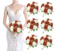 Artificial Bridesmaid Bouquets Set of 6 - Wedding Bouquet Burnt Orange Rose White Babys Breath 7 Inch Flower Bride Bouquet for Wedding Bridal Shower Centerpiece Ceremony Anniversary Decorations