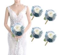 Artificial Bridesmaids Bouquets Set of 4-7 inch Silk Rose Bouquets for Bridesmaids, Pre-made Bridesmaid Flowers Small Bouquet for Wedding Vintage Country Bridal Shower Decorations -Dusty Blue