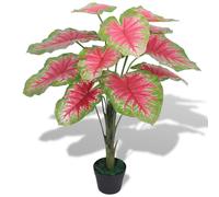 Artificial Caladium Plant Green & Red 85 cm Plastic Leaves Wood Trunk Pot 13 Lvs